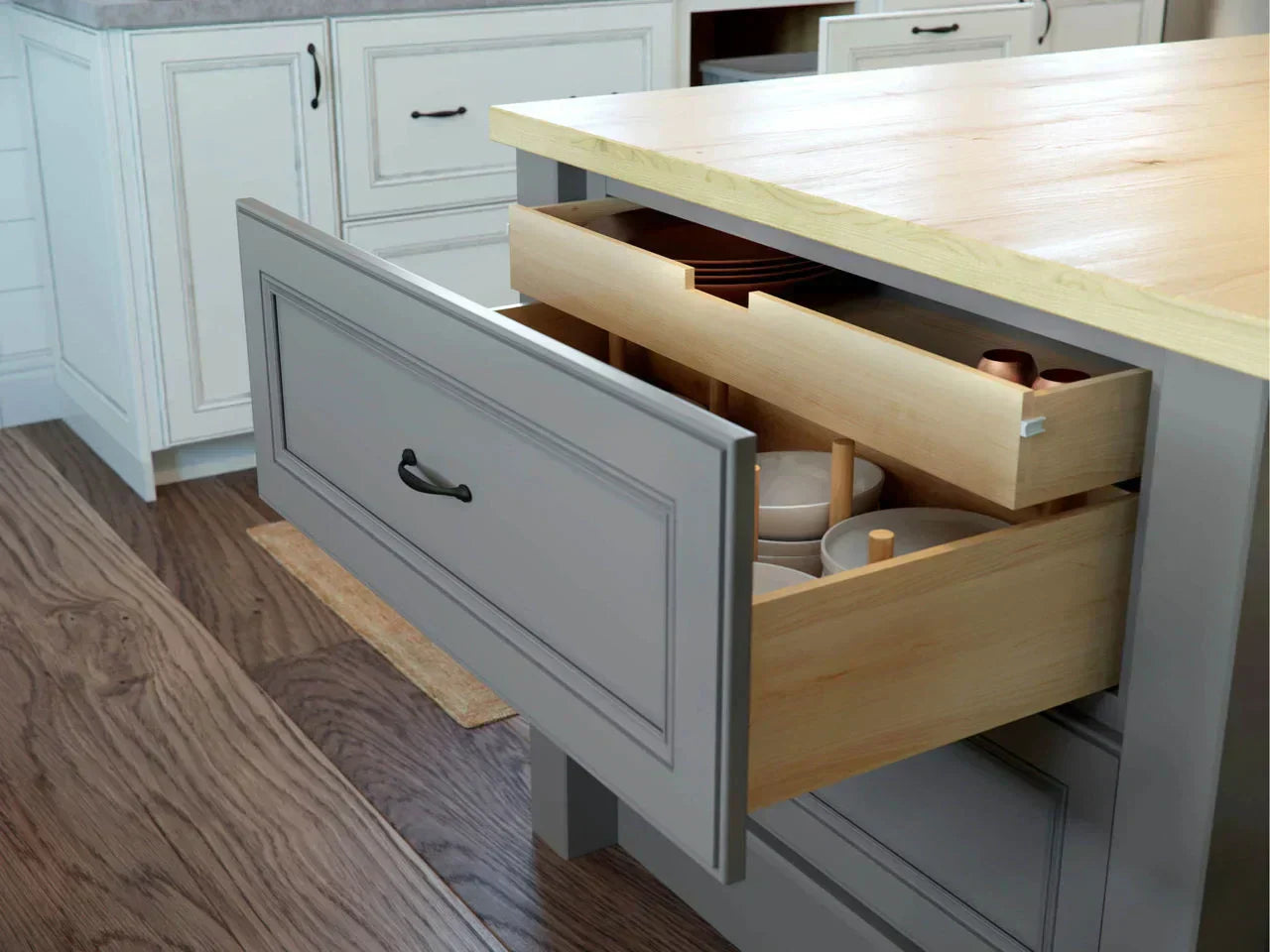 Functional accessories in kitchen cabinetry.