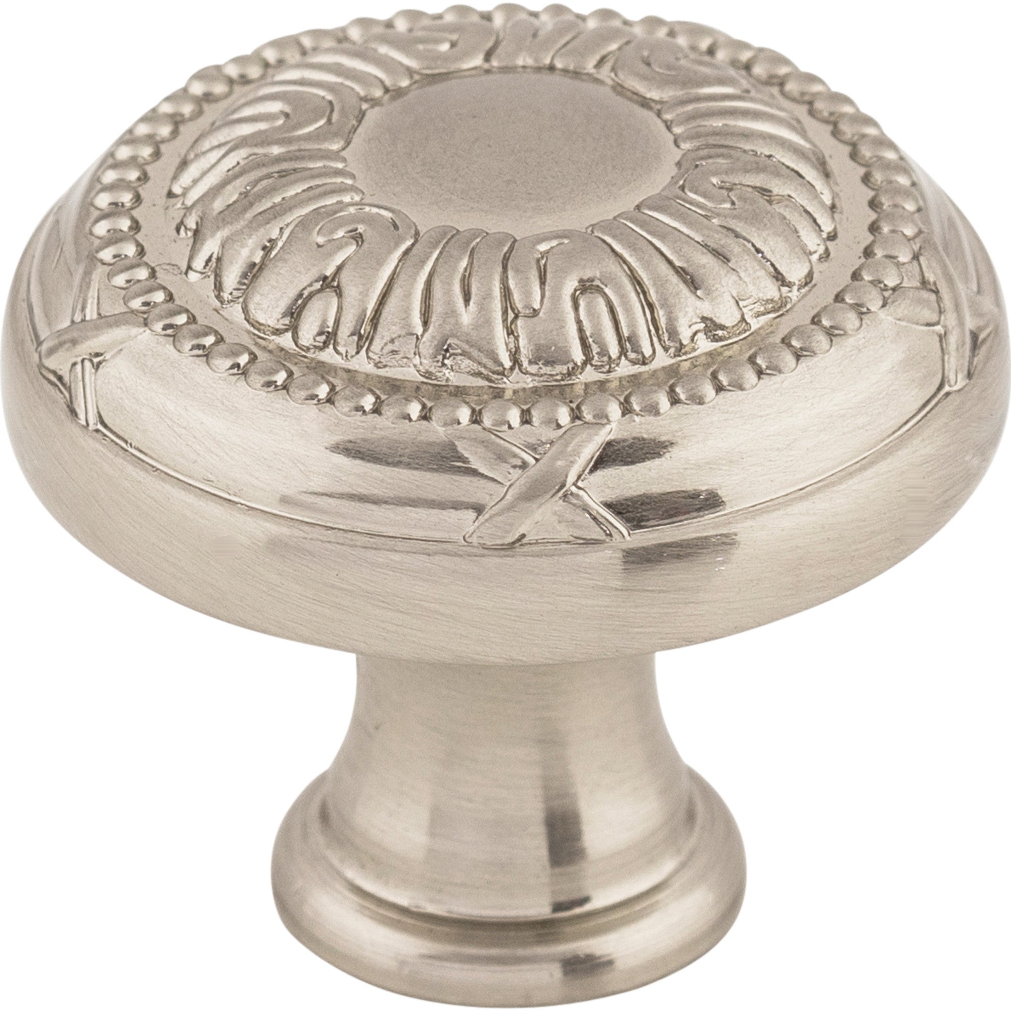 Worldwide Flooring Design Center Ribbon Knob 1 1/4 Inch Brushed Satin Nickel Ribbon Knob 1 1/4 Inch Brushed Satin Nickel Top Knobs Decorative Hardware